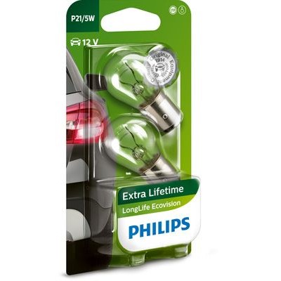 Снимка на Крушка за стоп светлини и габарити PHILIPS LongLife EcoVision P21/5W Сферична лампа 12499LLECOB2 за Ford Fusion (ju) 1.6 - 100 коня бензин