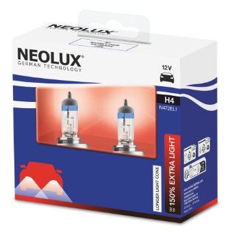 Снимка на Крушка за фарове и халогени NEOLUX Extra Light 150% H4 N472EL1-2SCB за Kia Pride Hatchback (DA) 1.3 - 72 коня бензин