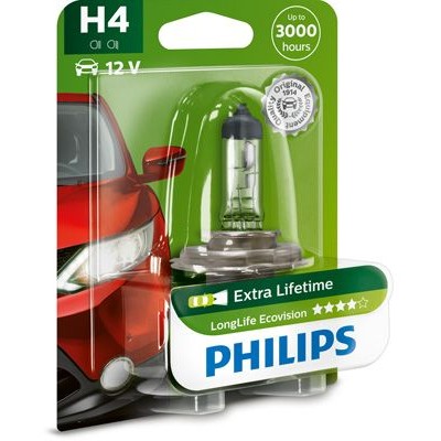 Снимка на Крушка за фарове и халогени PHILIPS LongLife EcoVision H4 12342LLECOB1 за Dacia Logan 2 1.2 LPG - 75 коня Бензин/Автогаз(LPG)