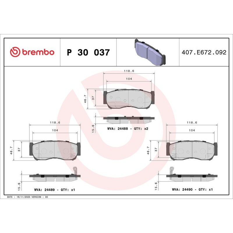 Снимка на Накладки BREMBO P 30 037 за Hyundai H 200 BOX 2.6 CRDi - 107 коня дизел