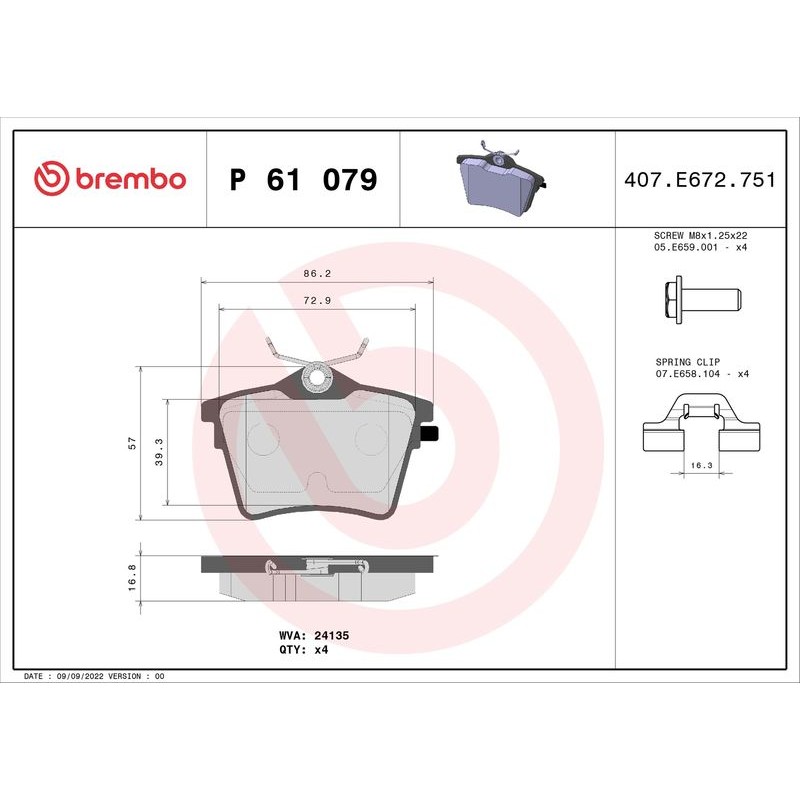 Снимка на Накладки BREMBO P 61 086 за Citroen DS4 Hatchback 1.6 THP 160 - 163 коня бензин
