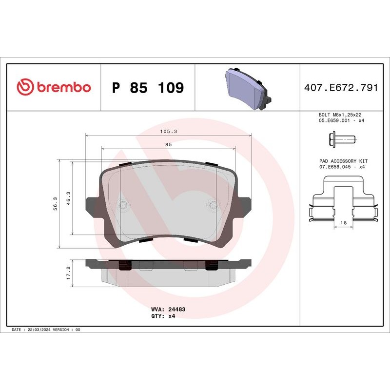 Снимка на Накладки BREMBO P 85 114 за Audi A1 (8X1) 1.4 TFSI - 140 коня бензин