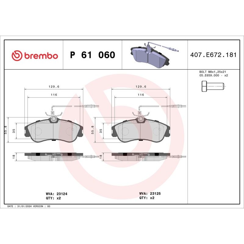 Снимка на Накладки BREMBO XTRA LINE P 61 066X за Citroen Berlingo 1 MF 1.8 i (MFLFX) - 90 коня бензин