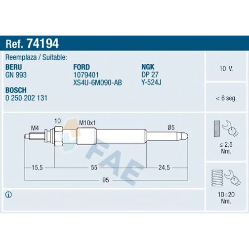 Снимка на Подгревна свещ FAE 74194 за Ford Focus (daw,dbw) 1.8 TDCi - 100 коня дизел