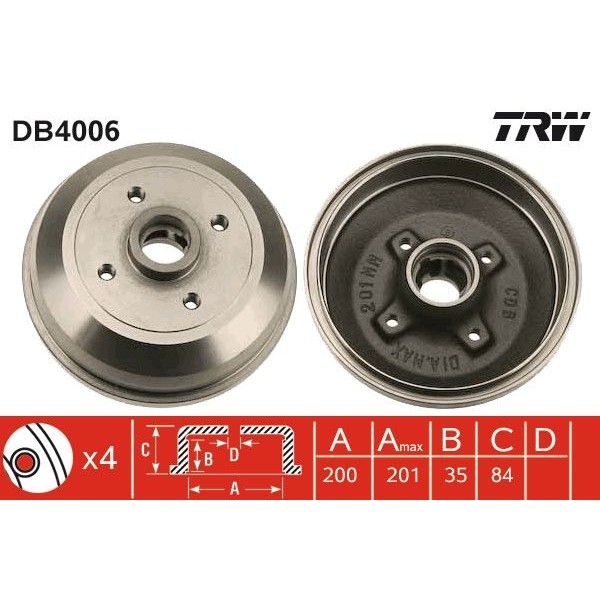 Снимка на Спирачен барабан TRW DB4006 за Opel Corsa B 1.0 i 12V (F08, F68, M68) - 54 коня бензин