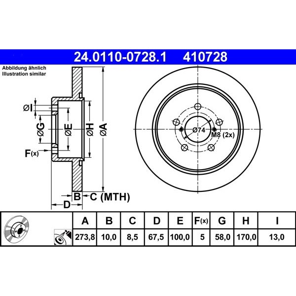 Снимка на Спирачен диск ATE 24.0110-0728.1 за Subaru Legacy 4 2.0 AWD (BL5) - 138 коня бензин