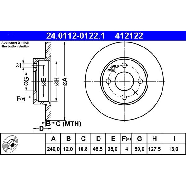 Снимка на Спирачен диск ATE 24.0112-0122.1 за Autobianchi Y10 1.0 Turbo - 85 коня бензин