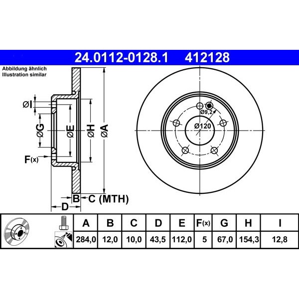Снимка на Спирачен диск ATE 24.0112-0128.1 за Mercedes C-class Saloon (w202) C 180 (202.018) - 121 коня бензин