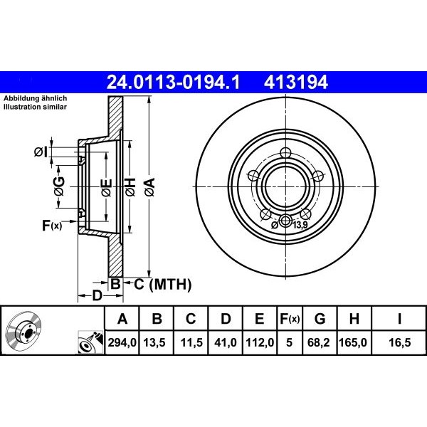 Снимка на Спирачен диск ATE 24.0113-0194.1 за Seat Alhambra (7V8,7V9) 2.8 V6 4motion - 204 коня бензин