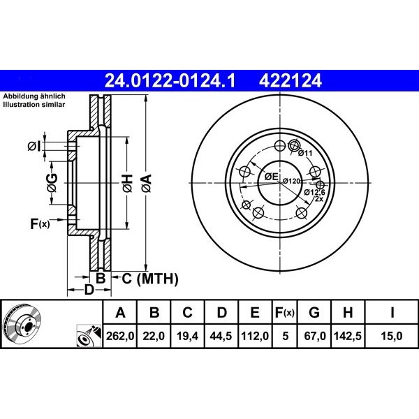 Снимка на Спирачен диск ATE 24.0122-0124.1 за Mercedes 190 (w201) E 2.6 - 166 коня бензин
