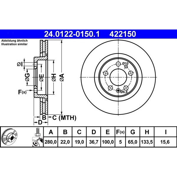 Снимка на Спирачен диск ATE 24.0122-0150.1 за Seat Leon (1M1) 1.9 TDI Syncro - 150 коня дизел
