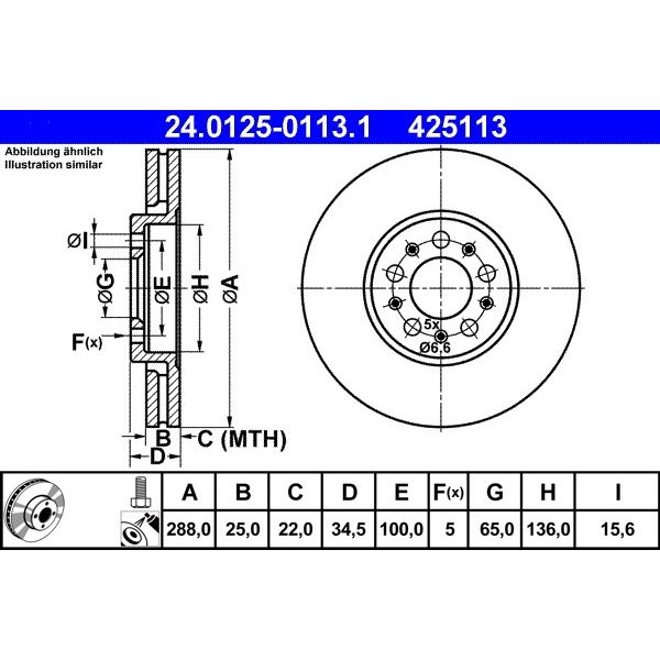 Снимка на Спирачен диск ATE 24.0125-0113.1 за Seat Ibiza 5 ST (6J8) 1.2 - 70 коня бензин