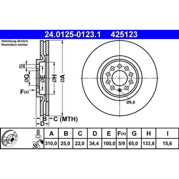 Снимка на Спирачен диск ATE 24.0125-0123.1 за Seat Leon (1M1) 1.8 T Cupra R - 209 коня бензин