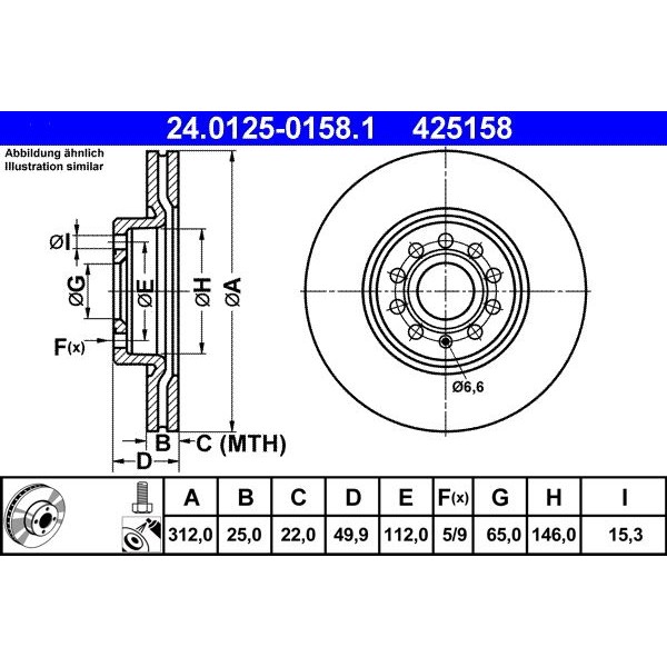Снимка на Спирачен диск ATE 24.0125-0158.1 за Seat Altea XL (5P5,5P8) 1.8 TFSI - 160 коня бензин
