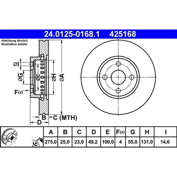 Снимка на Спирачен диск ATE 24.0125-0168.1 за Toyota Matrix 1.8 VVTi - 131 коня бензин