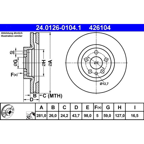 Снимка на Спирачен диск ATE 24.0126-0104.1 за Fiat Scudo BOX 220L 2.0 JTD - 94 коня дизел