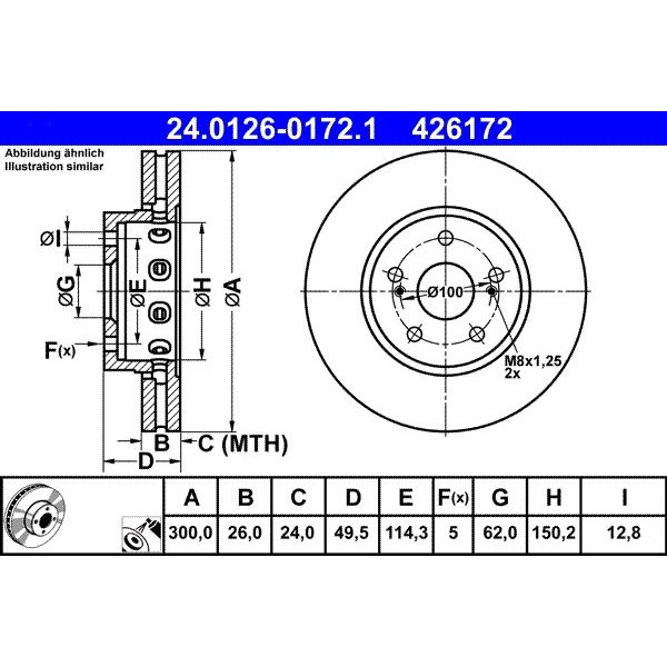 Снимка на Спирачен диск ATE 24.0126-0172.1 за Suzuki Kizashi (FR) 2.4 (A6B 424) - 178 коня бензин