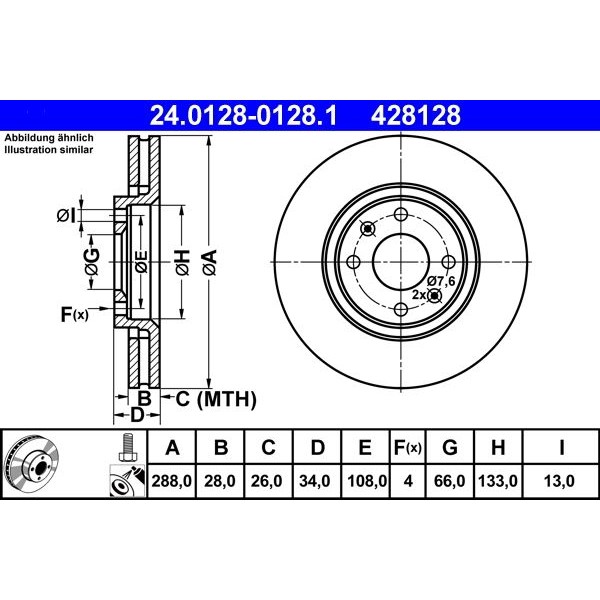 Снимка на Спирачен диск ATE 24.0128-0128.1 за Citroen Xantia Break X2 2.0 HDI 109 - 109 коня дизел