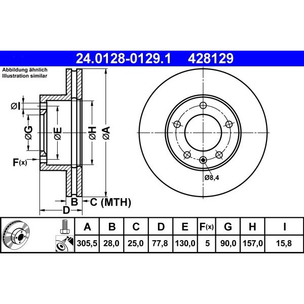 Снимка на Спирачен диск ATE 24.0128-0129.1 за Opel Movano Platform (U9,E9) 2.5 D (ED, HD, UD0, UD4) - 80 коня дизел