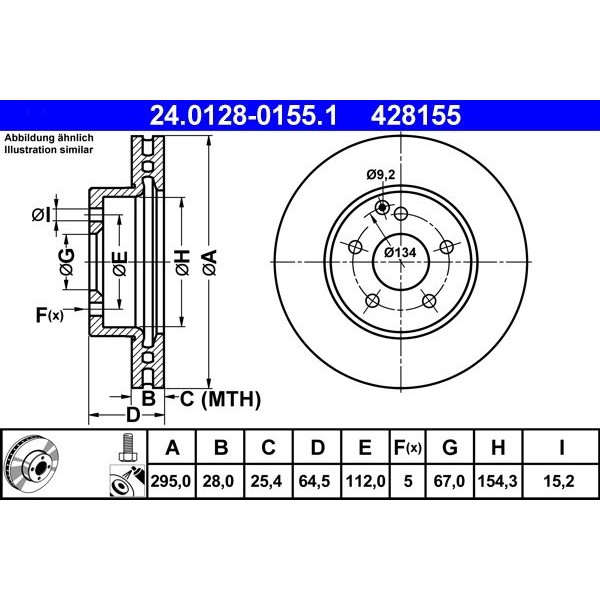 Снимка на Спирачен диск ATE 24.0128-0155.1 за Mercedes SLC (R172) 180 (172.431) - 156 коня бензин