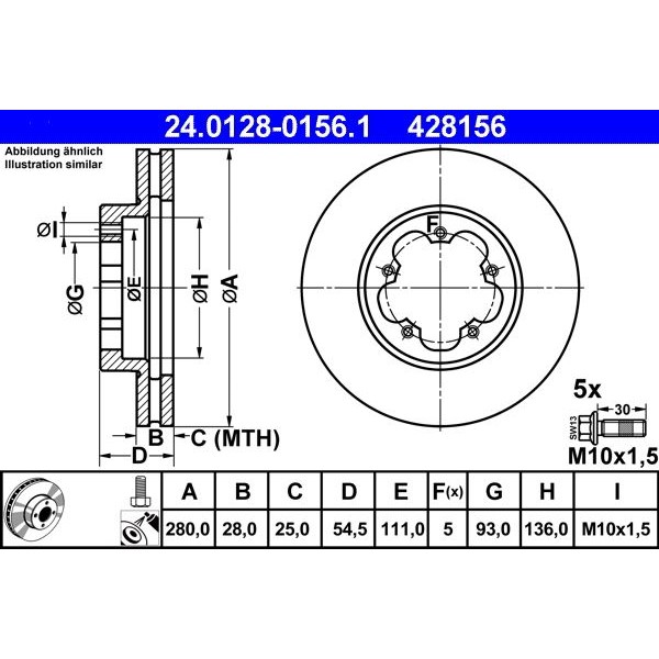Снимка на Спирачен диск ATE 24.0128-0156.1 за Ford Transit Platform 2.2 TDCi - 110 коня дизел