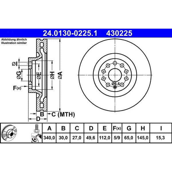 Снимка на Спирачен диск ATE 24.0130-0225.1 за Seat Leon (5F1) 1.2 TSI - 86 коня бензин