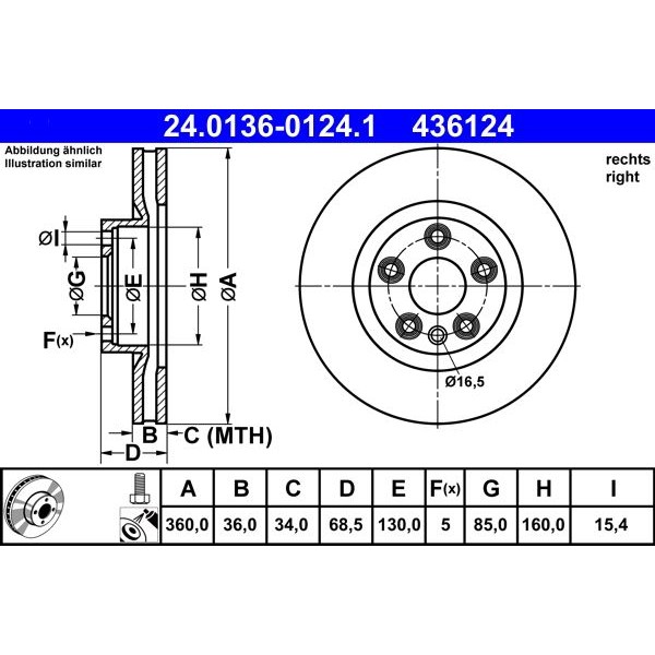 Снимка на Спирачен диск ATE 24.0136-0124.1 за Porsche Cayenne (958, 92A) 4.8 Turbo - 520 коня бензин