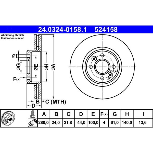 Снимка на Спирачен диск ATE PowerDisc 24.0324-0158.1 за Renault Kangoo Express (FC0-1) 1.6 16V 4x4 (FC0L, FC0P, FC0S) - 95 коня бензин