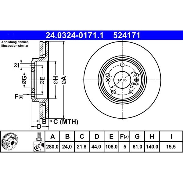 Снимка на Спирачен диск ATE PowerDisc 24.0324-0171.1 за Renault Laguna (B56,556) 1.8 16V (B563, B564) - 120 коня бензин