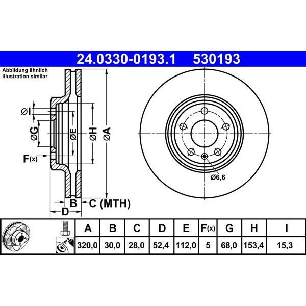 Снимка на Спирачен диск ATE PowerDisc 24.0330-0193.1 за Audi A5 Cabrio (8F7) 3.2 FSI quattro - 265 коня бензин