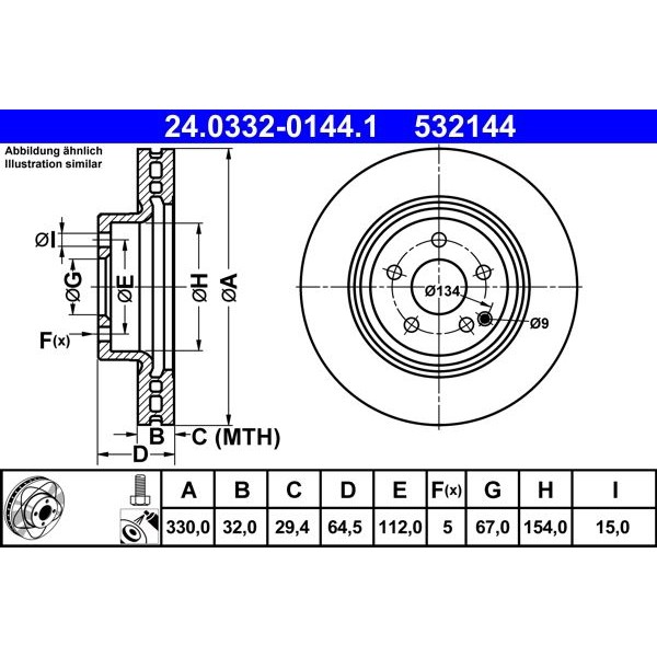 Снимка на Спирачен диск ATE PowerDisc 24.0332-0144.1 за Mercedes E-class Saloon (w211) E 350 (211.056) - 272 коня бензин