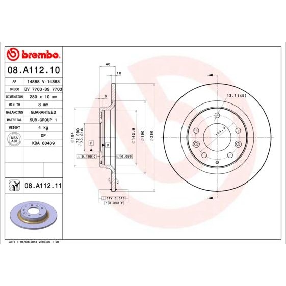 Снимка на Спирачен диск BREMBO 08.A112.10 за Mazda Premacy (CP) 1.9 (CP10P) - 114 коня бензин