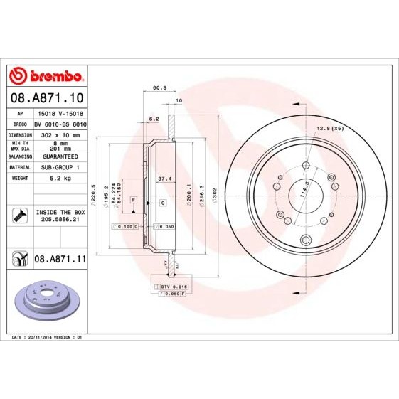 Снимка на Спирачен диск BREMBO 08.A871.10 за Honda CR-V 3 2.4 i-VTEC 4WD (RE7) - 166 коня бензин