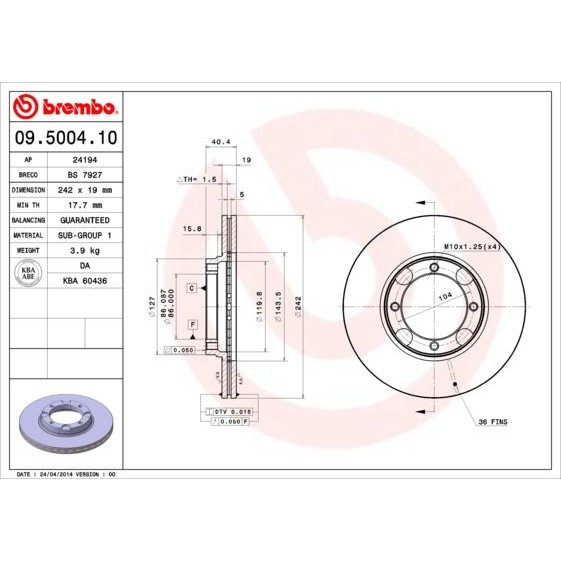 Снимка на Спирачен диск BREMBO 09.5004.10 за Hyundai Excel Saloon (X-3) 1.5 i 12V - 88 коня бензин