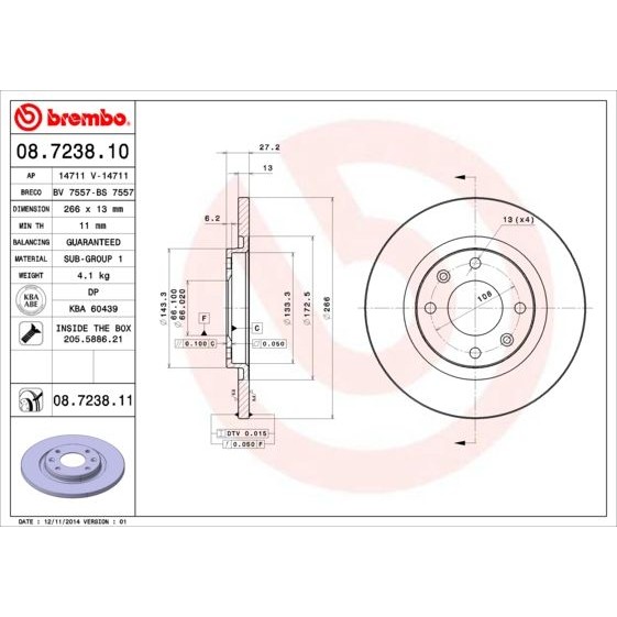 Снимка на Спирачен диск BREMBO COATED DISC LINE 08.7238.11 за Citroen Berlingo 1 BOX M 1.8 D (MBA9A, MCA9A) - 59 коня дизел