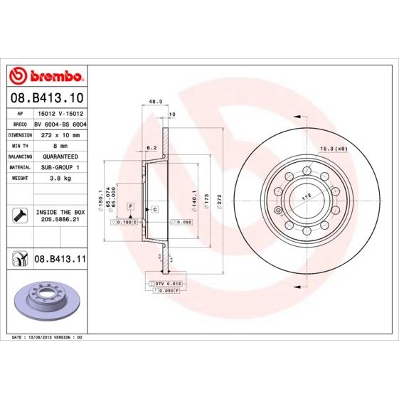 Снимка на Спирачен диск BREMBO COATED DISC LINE 08.B413.11 за VW Beetle (5C1) 2.5 - 170 коня бензин