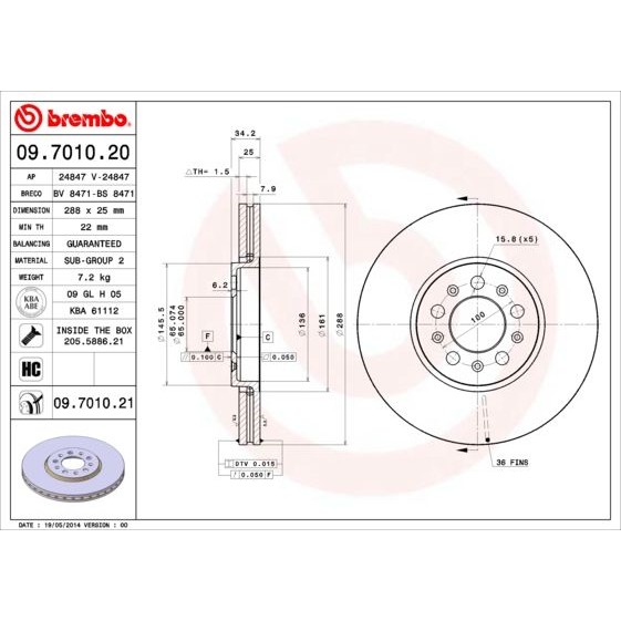 Снимка на Спирачен диск BREMBO COATED DISC LINE 09.7010.21 за Seat Leon (1M1) 1.9 TDI Syncro - 150 коня дизел