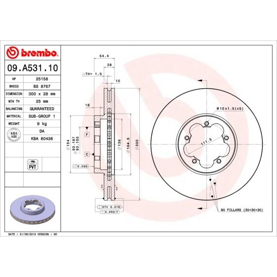 Снимка на Спирачен диск BREMBO COATED DISC LINE 09.A532.21 за Hyundai i30 (GD) 1.4 - 99 коня бензин