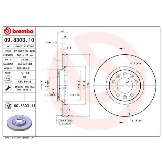 Снимка на Спирачен диск BREMBO MAX LINE 09.8303.75 за Citroen Jumper Platform 230 2.8 HDi - 128 коня дизел