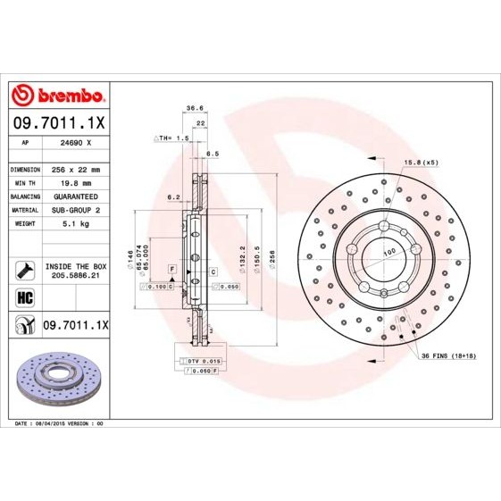 Снимка на Спирачен диск BREMBO XTRA LINE 09.7011.1X за Audi A3 (8L1) 1.6 - 102 коня бензин