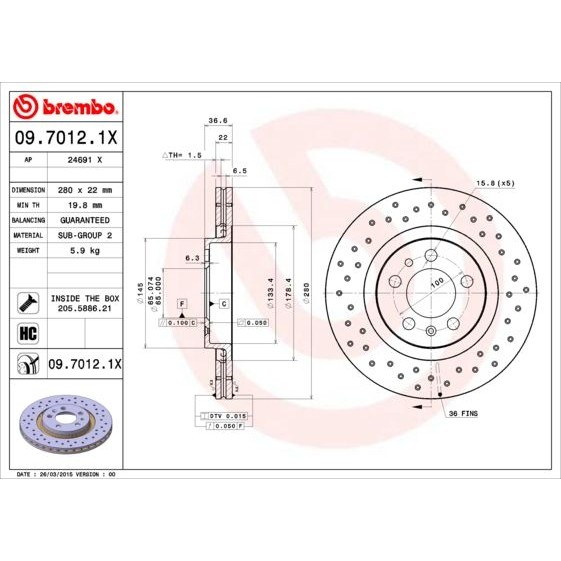 Снимка на Спирачен диск BREMBO XTRA LINE 09.7012.1X за Seat Leon (1M1) 1.8 20V - 125 коня бензин