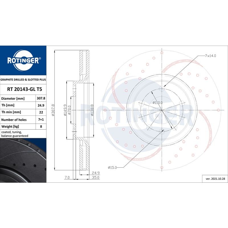 Снимка на Спирачен диск ROTINGER GRAPHITE DRILLED & SLOTTED PLUS RT 20143-GL T5 за Opel Corsa E 1.4 Turbo (08, 68) - 150 коня бензин