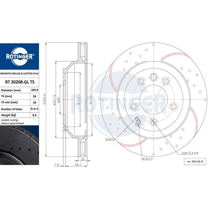 Снимка на Спирачен диск ROTINGER GRAPHITE DRILLED & SLOTTED PLUS RT 20208-GL T5 за Porsche Cayenne (958, 92A) 4.8 Turbo - 520 коня бензин