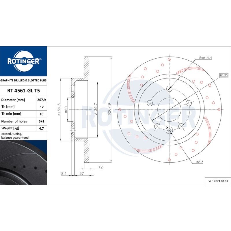 Снимка на Спирачен диск ROTINGER GRAPHITE DRILLED & SLOTTED PLUS RT 4561-GL T5 за Opel Astra J 1.7 CDTI (68) - 125 коня дизел
