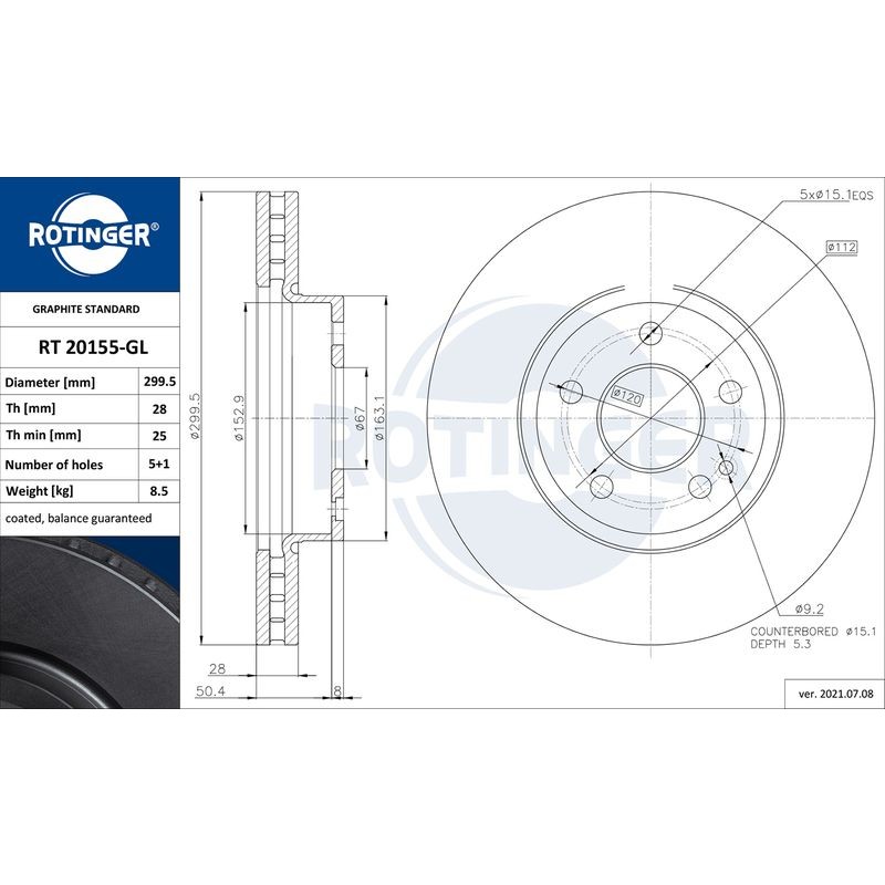 Снимка на Спирачен диск ROTINGER GRAPHITE LINE RT 20155-GL за Mercedes Vito BOX (w639) 119 (639.601, 639.603, 639.605) - 190 коня бензин