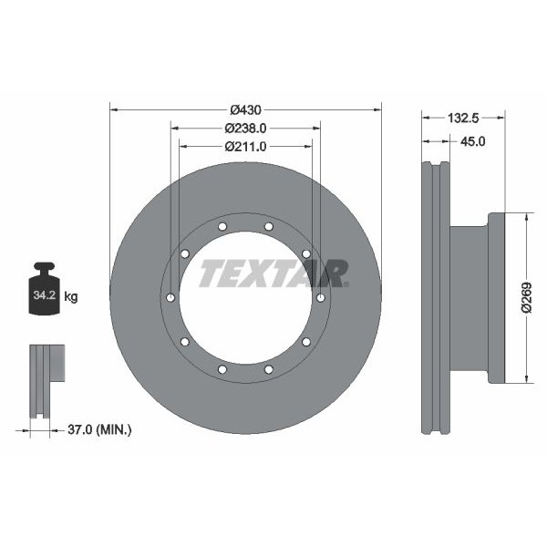 Снимка на Спирачен диск TEXTAR 93186700 за камион Mercedes Actros MP2, MP3 2641 LS - 408 коня дизел