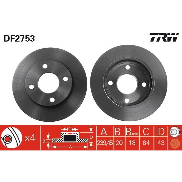 Снимка на Спирачен диск TRW черен DF2753 за Ford Escort MK 6 (gal) 1.8 XR3i 16V 4x4 - 105 коня бензин