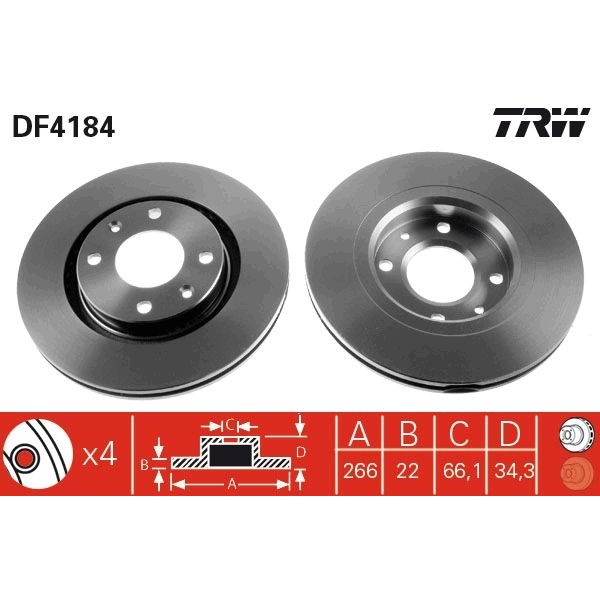 Снимка на Спирачен диск TRW черен DF4184 за Citroen Berlingo MF 1.4 i bivalent (MFKFW) - 75 коня Бензин/Метан(CNG)