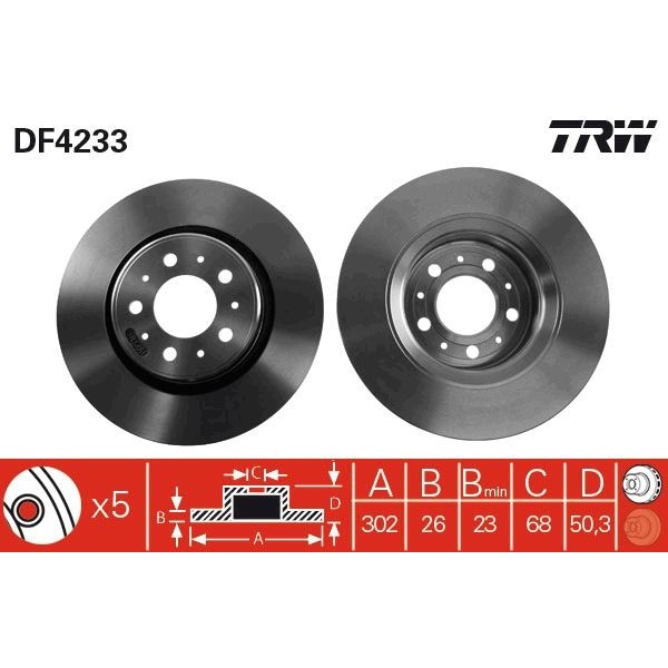 Снимка на Спирачен диск TRW черен DF4233 за Volvo C70 Convertible 2.0 T - 226 коня бензин