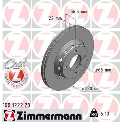 Снимка на Спирачен диск ZIMMERMANN COAT Z 100.1222.20 за Audi 80 Sedan (8C, B4) 1.6 E - 101 коня бензин
